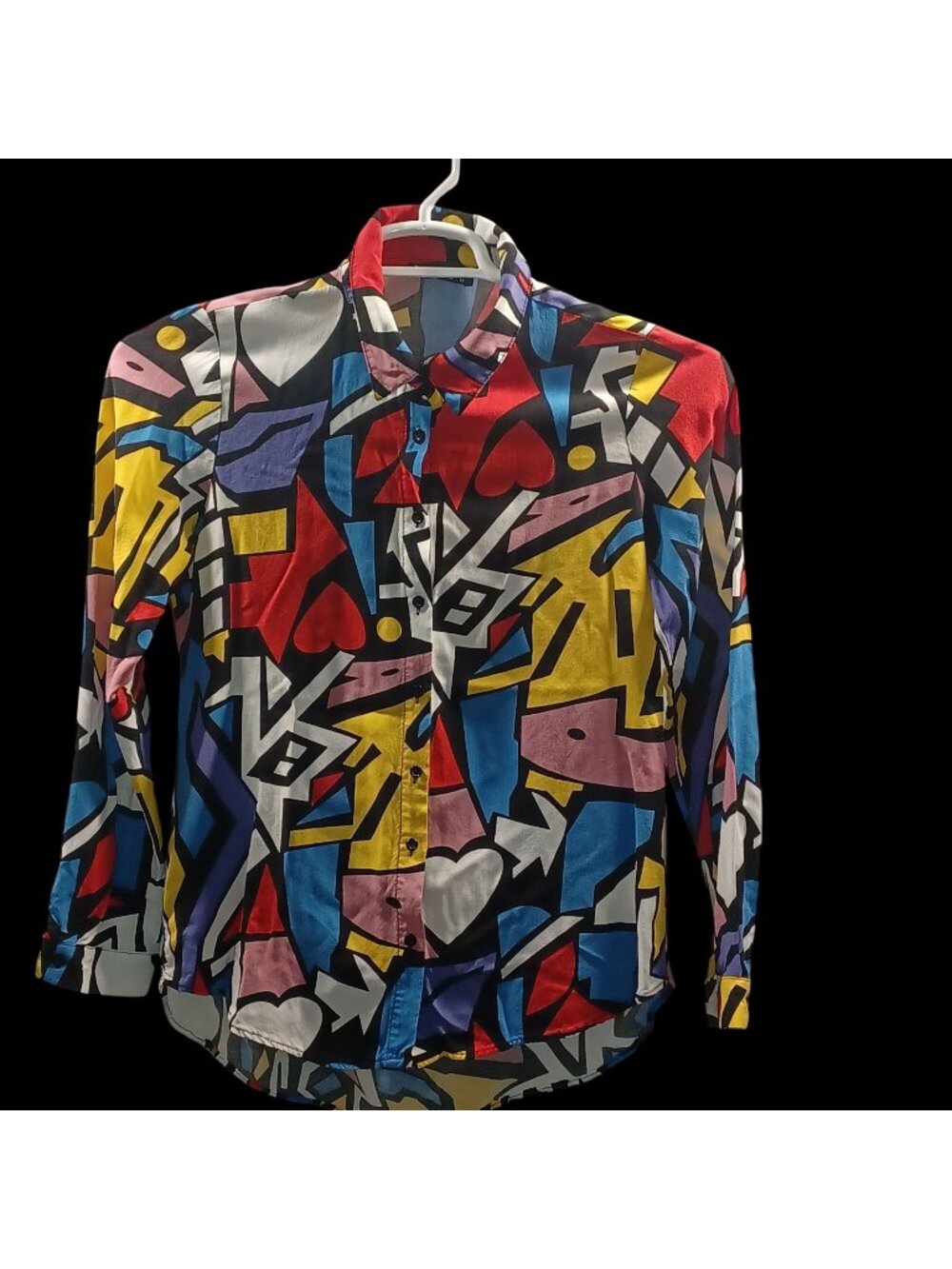 Big Dart Blouse Shirt Top Colorful Abstract Pop Art Graffiti Print Womens M